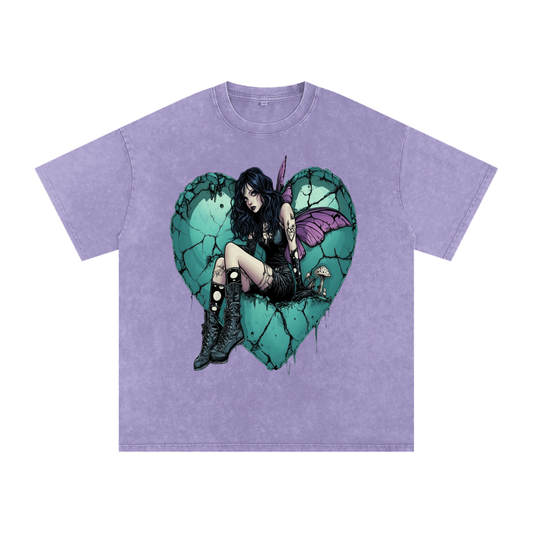 Teal Cracked Heart Dark Goth Cottagecore Mushroom Fairy Girl Acid Wash Oversize Grunge Thick T-Shirt