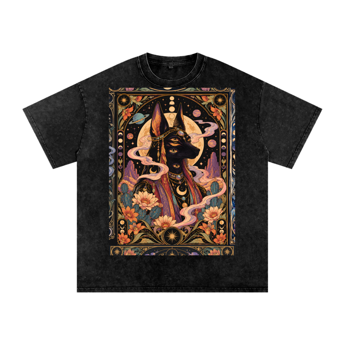 Anubis Egyptian Lotus Moon Tarot Grunge Psy Festival Snow Washed Oversized Cotton T-Shirt Tee