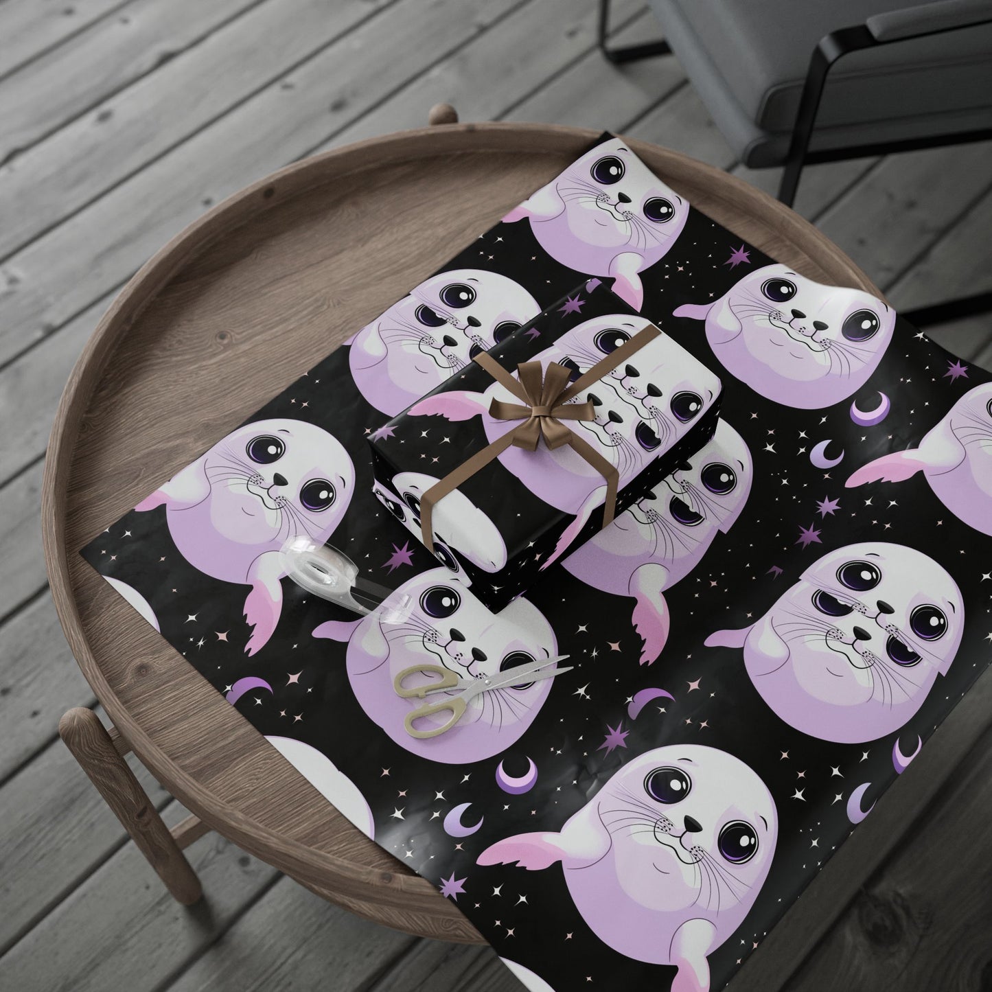 Baby Harp Seal Crescent Moon Pastel Lilac Lavender Black Wrapping Papers