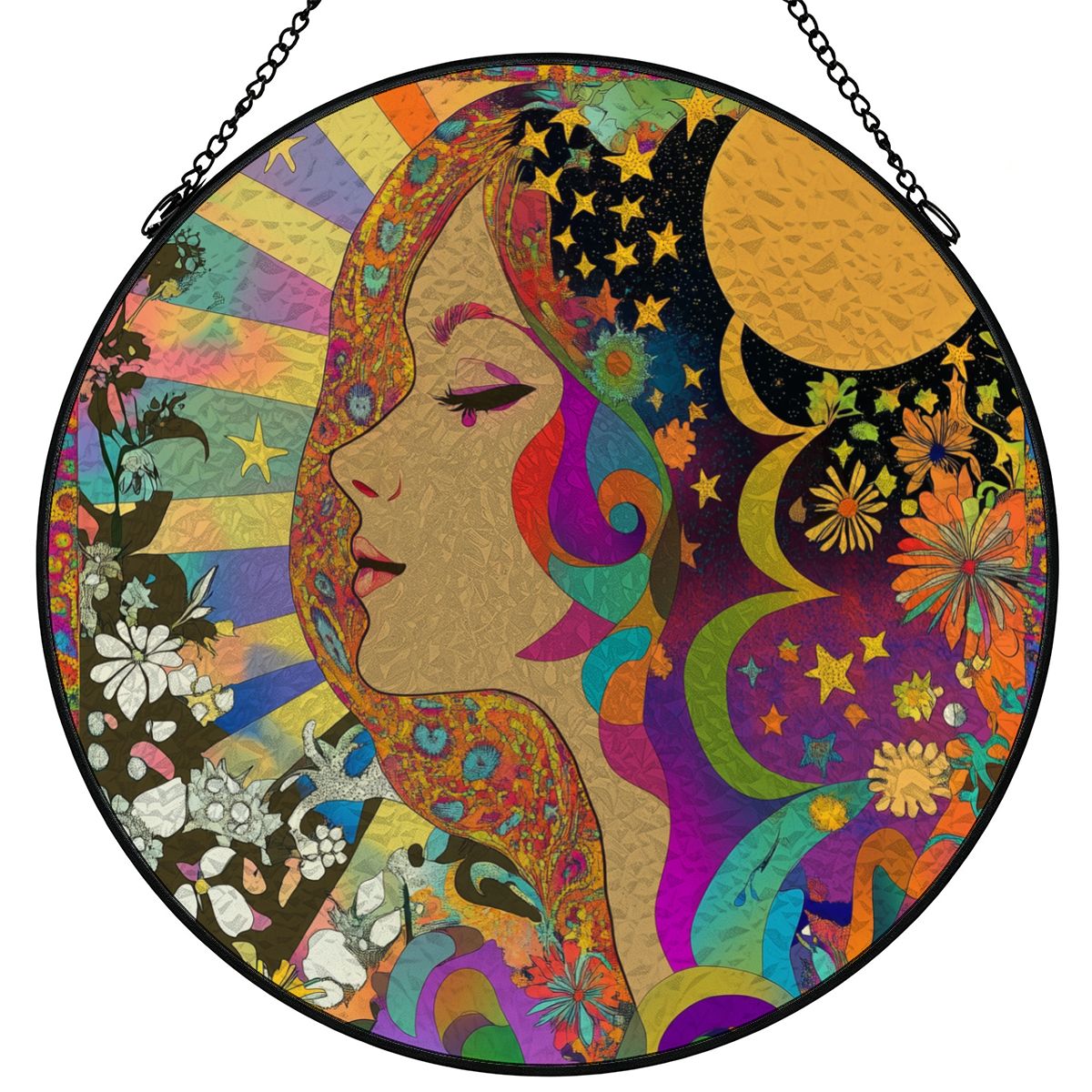 Stained Glass Suncatcher Art Neveau Psychedelic Celestial Sun Moon Beam Love Goddess Window Hanging