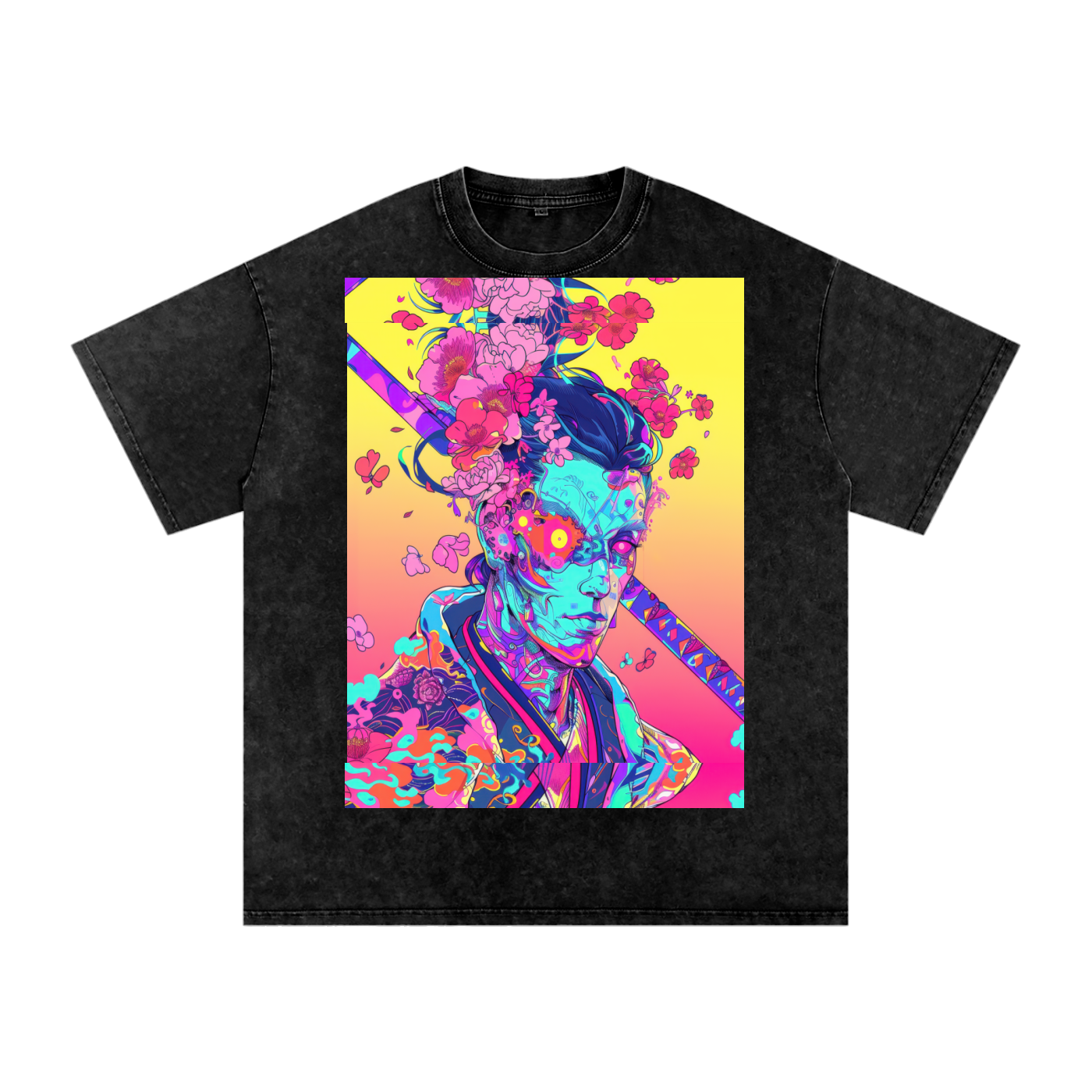 Avant Ombre Floral Samurai Cherry Blossoms Unisex Tee Snow Washed Oversized Cotton T-Shirt