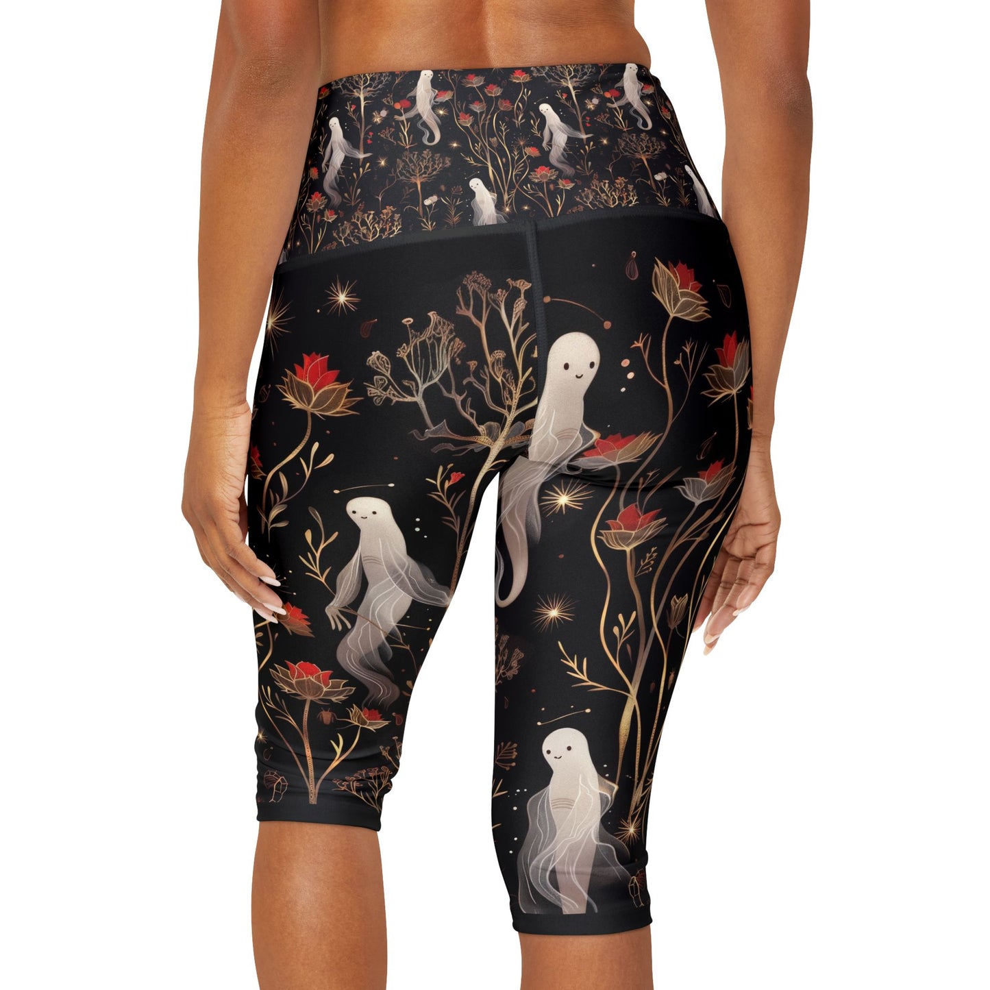 Ghost Floating Floral Night Woods Gold Shimmer Pattern Yoga Capri Leggings (AOP)