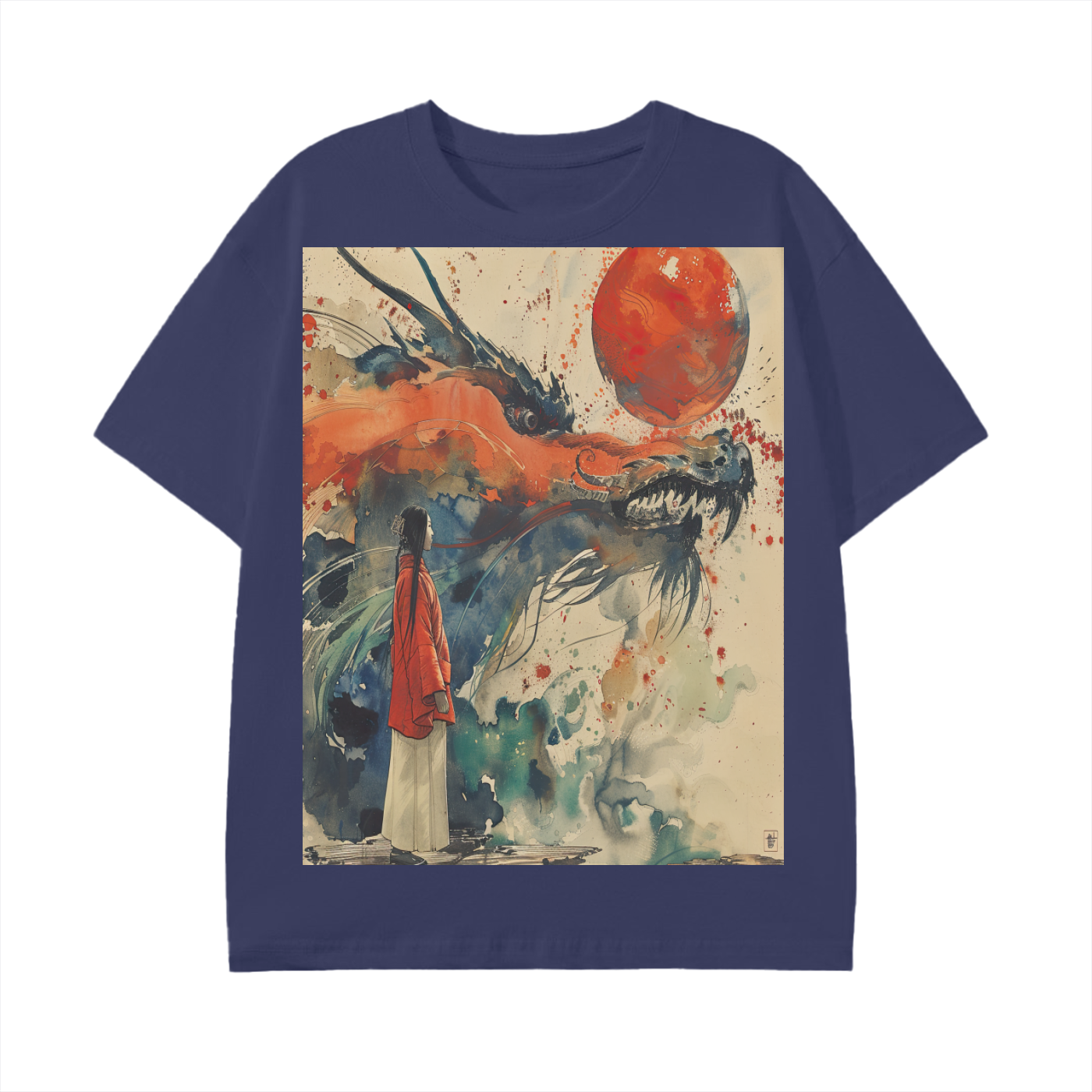 Watercolor Silhouette Kimono Dragon lady Splatter Sepia Red Blood Moon Anime Graphic Print Unisex Classic T-Shirt
