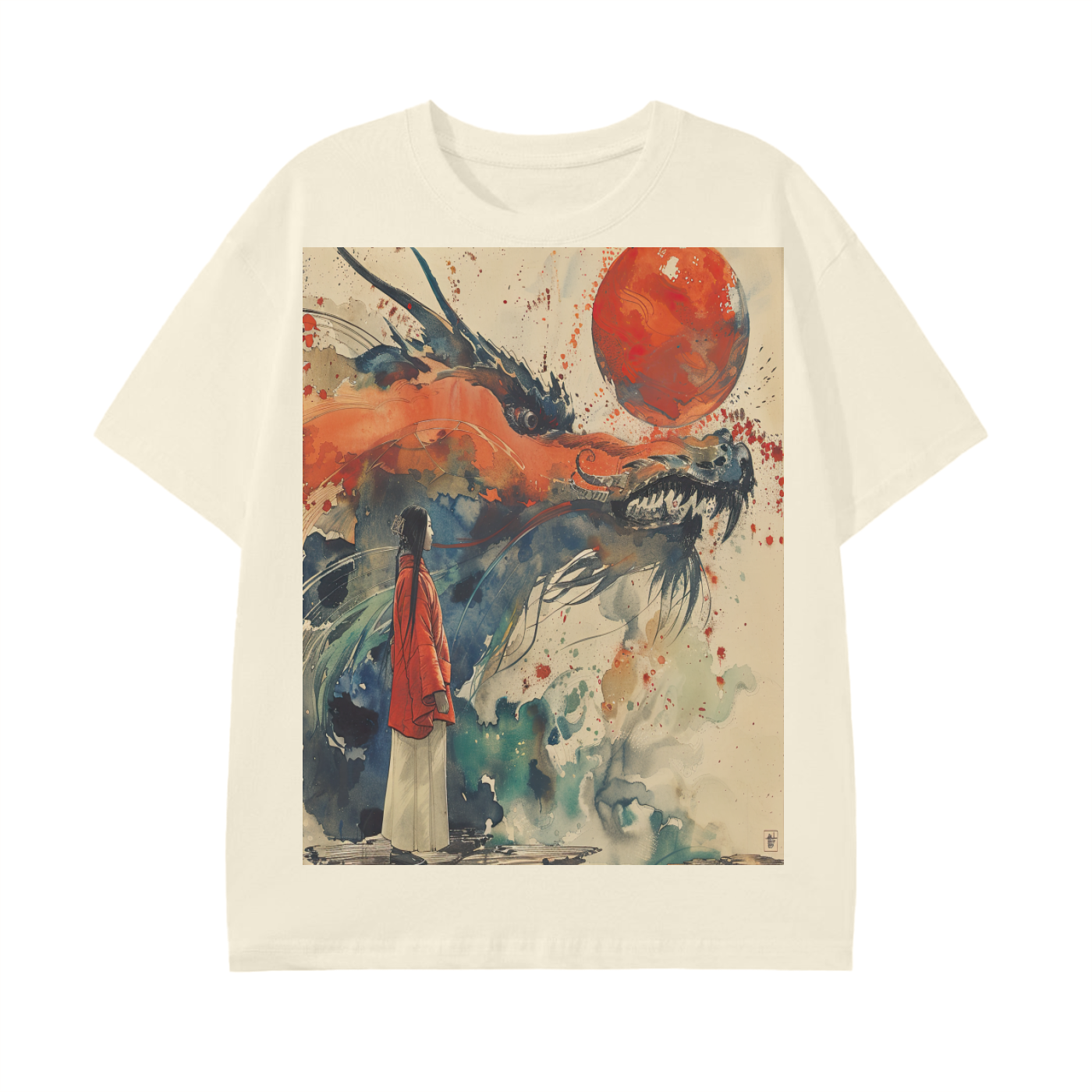 Watercolor Silhouette Kimono Dragon lady Splatter Sepia Red Blood Moon Anime Graphic Print Unisex Classic T-Shirt