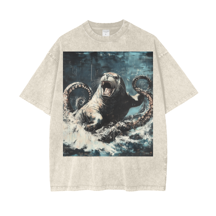 Rustic Kraken Vs Sea Lion Ocean Waves Acid Wash Oversize T-Shirt - 250 GSM