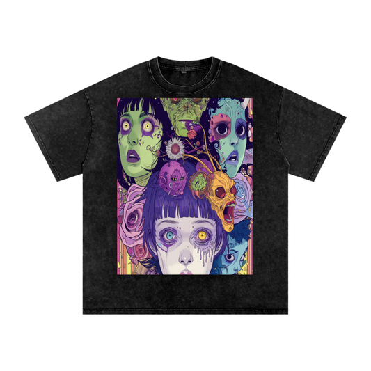 Horror Color Pop Skulls Fractal Drip Anime Unisex Tee Snow Washed Oversized Cotton T-Shirt