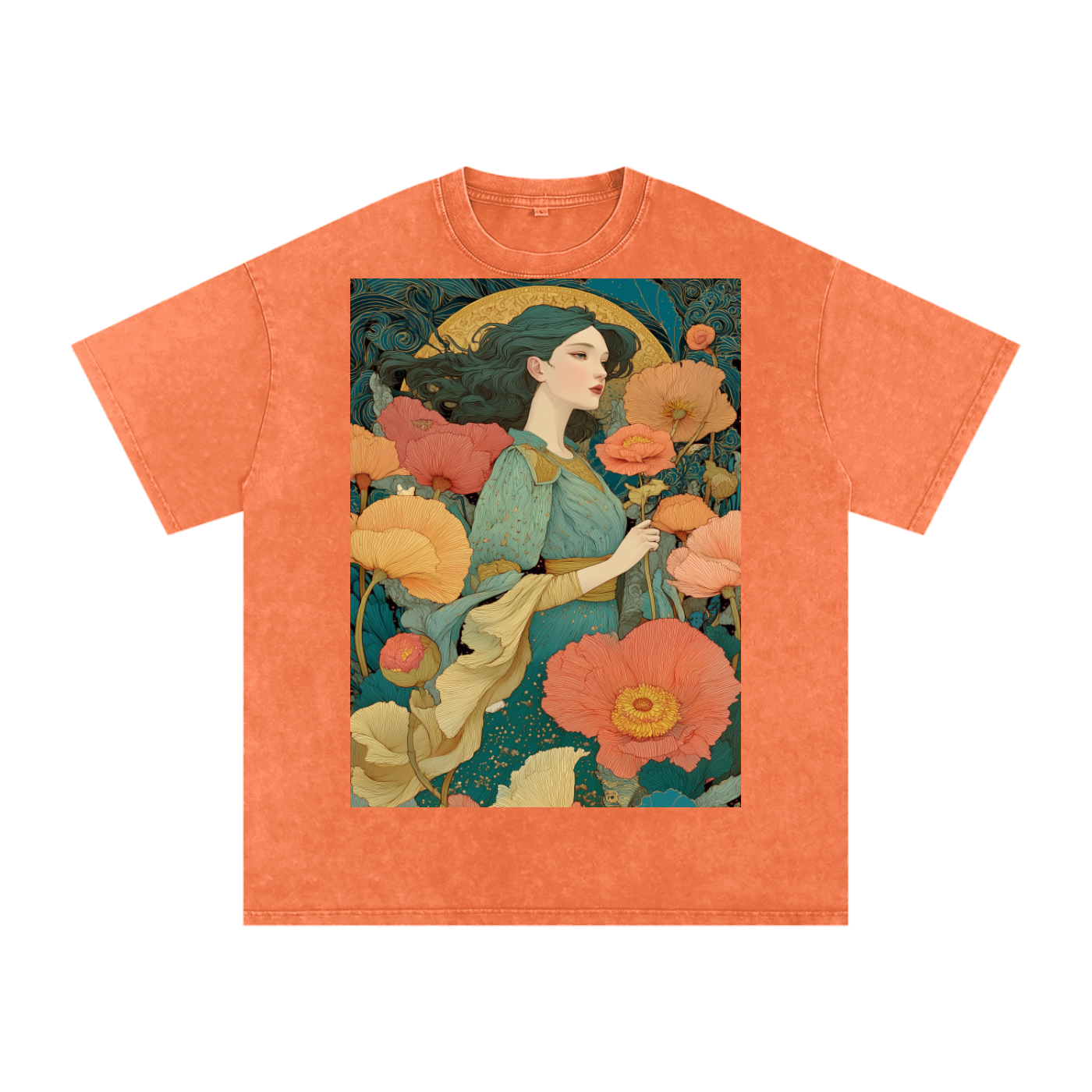 Teal Floral Nouveau Moon Field maiden Snow Washed Oversized Cotton T-Shirt