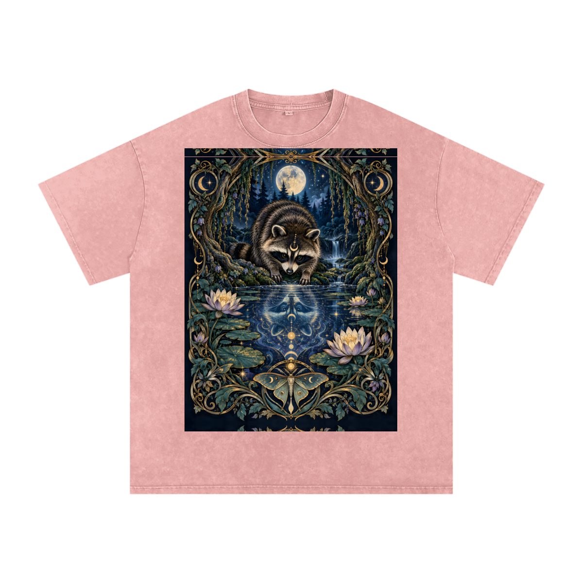 Raccoon Night Woods Lotus Reflection Fall Snow Washed Oversized Cotton T-Shirt