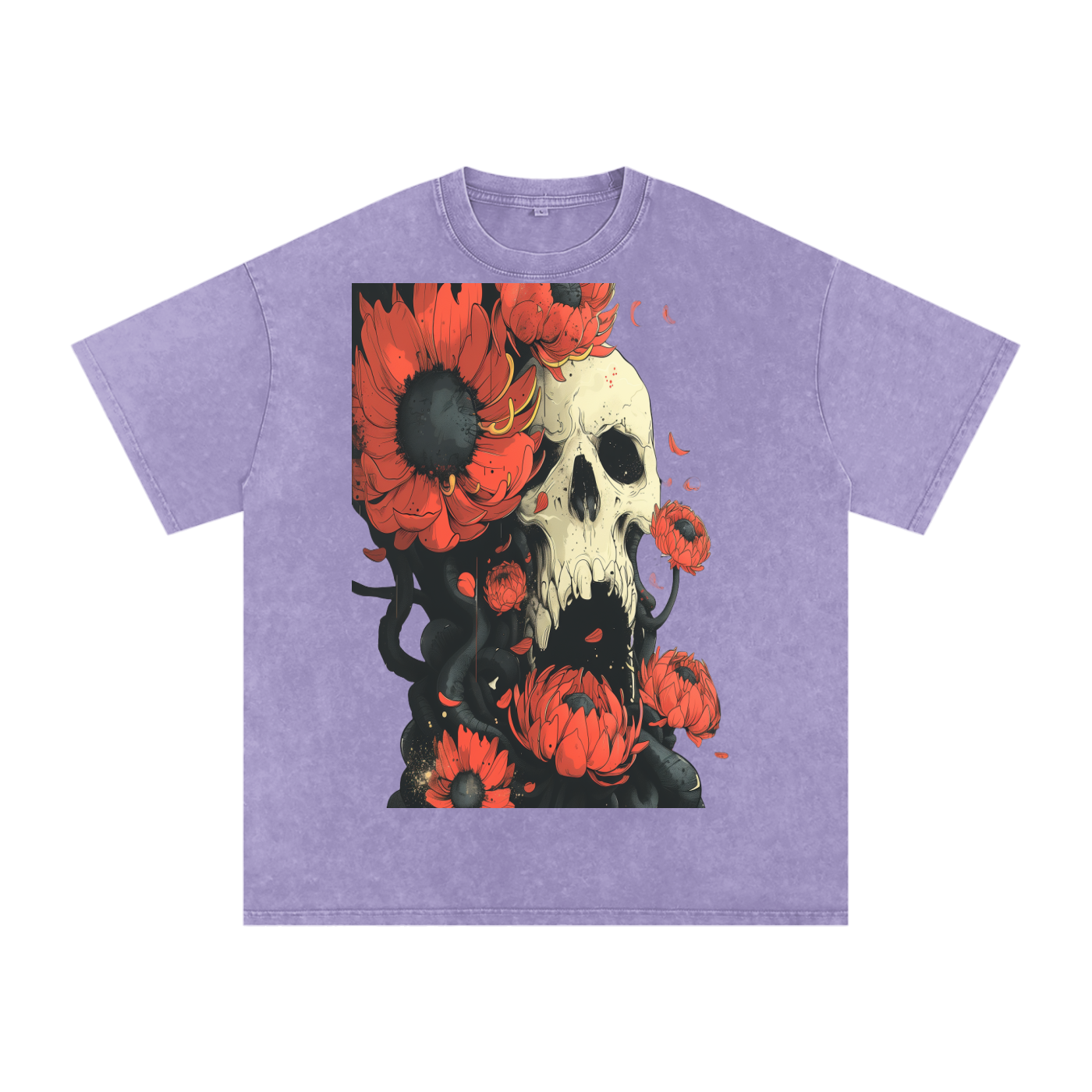 Floral Skull Sepia Goth Petal Octopi Goth Anime Unisex Tee Snow Washed Oversized Cotton T-Shirt