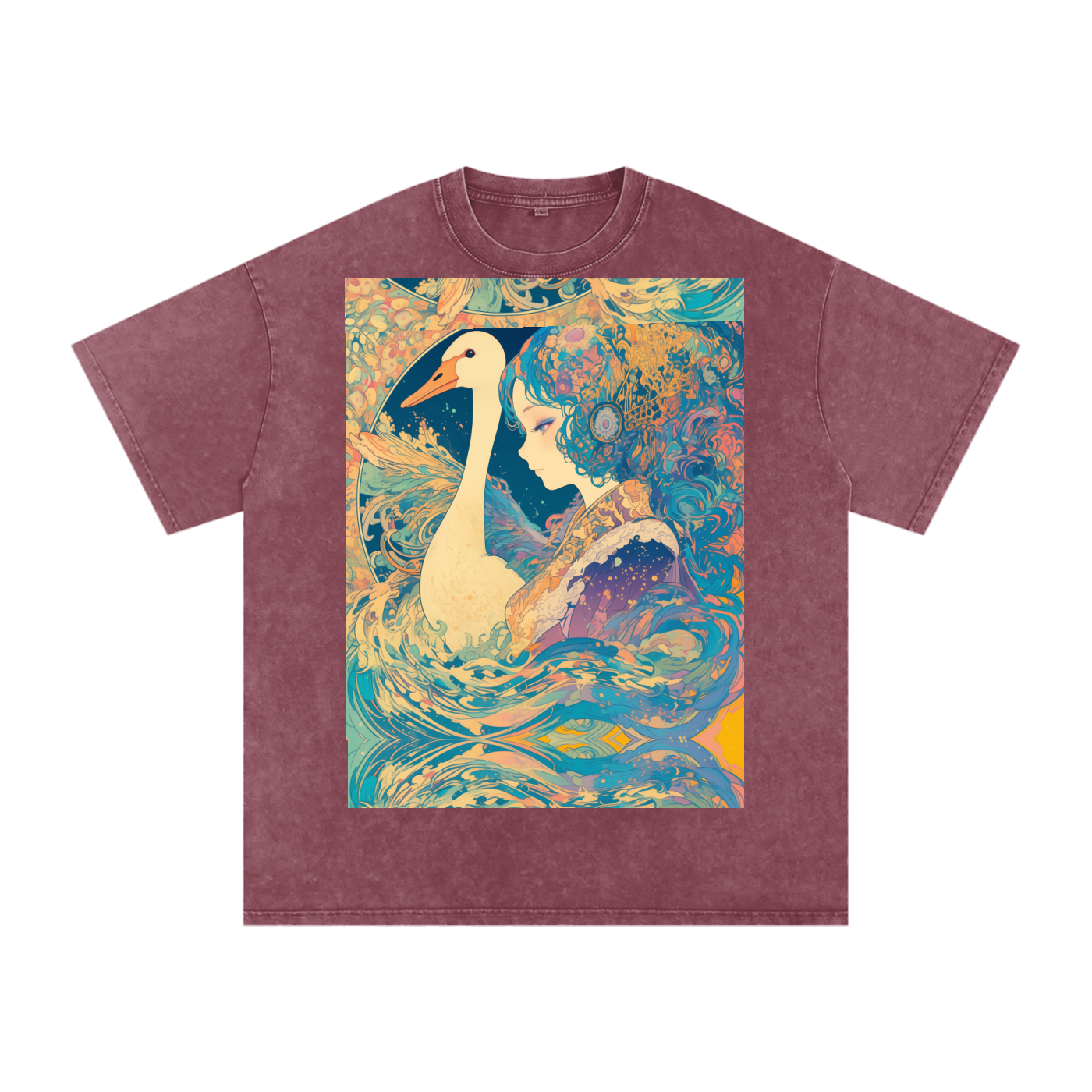 Goose Psychedelic Art Nouveau Moon Beach Wave Bordered Silhouette Anime Pagan Water Goddess Unisex T-Shirt--Snow Washed Oversized Cotton T-Shirt