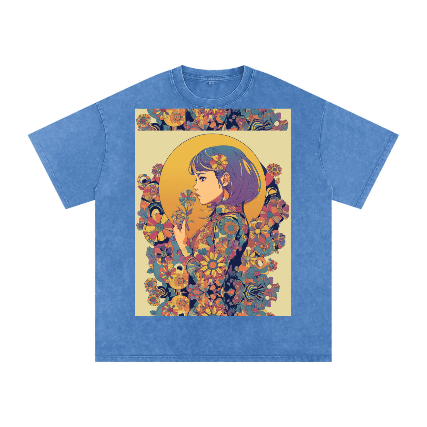 Retro Moon Boho Flapper Nouveau floral flower Maiden Snow Washed Oversized Cotton T-Shirt
