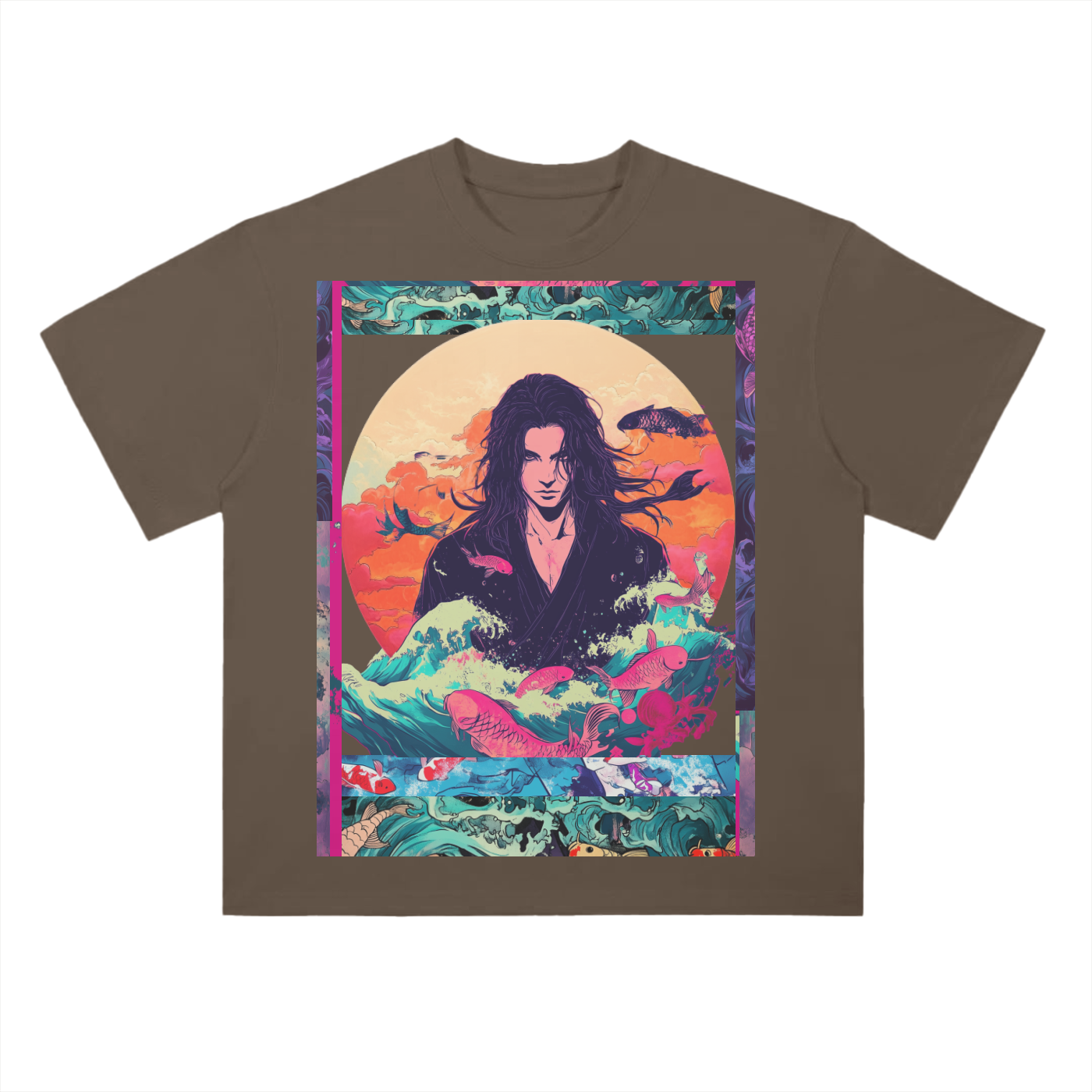 Retro Beach Koi Edo Shaman Kibuki Man Beach Wave Sun Melt Skyline Vision Graphic Drop Shoulder T-Shirt