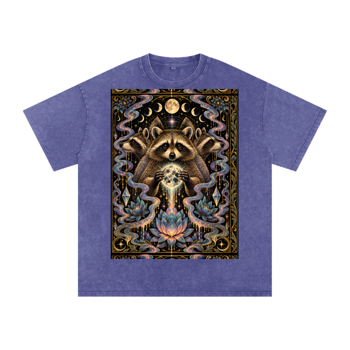 Raccoon Rorshach Moon Lotus Drip Snow Washed Oversized Cotton T-Shirt