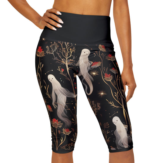 Ghost Floating Floral Night Woods Gold Shimmer Pattern Yoga Capri Leggings (AOP)