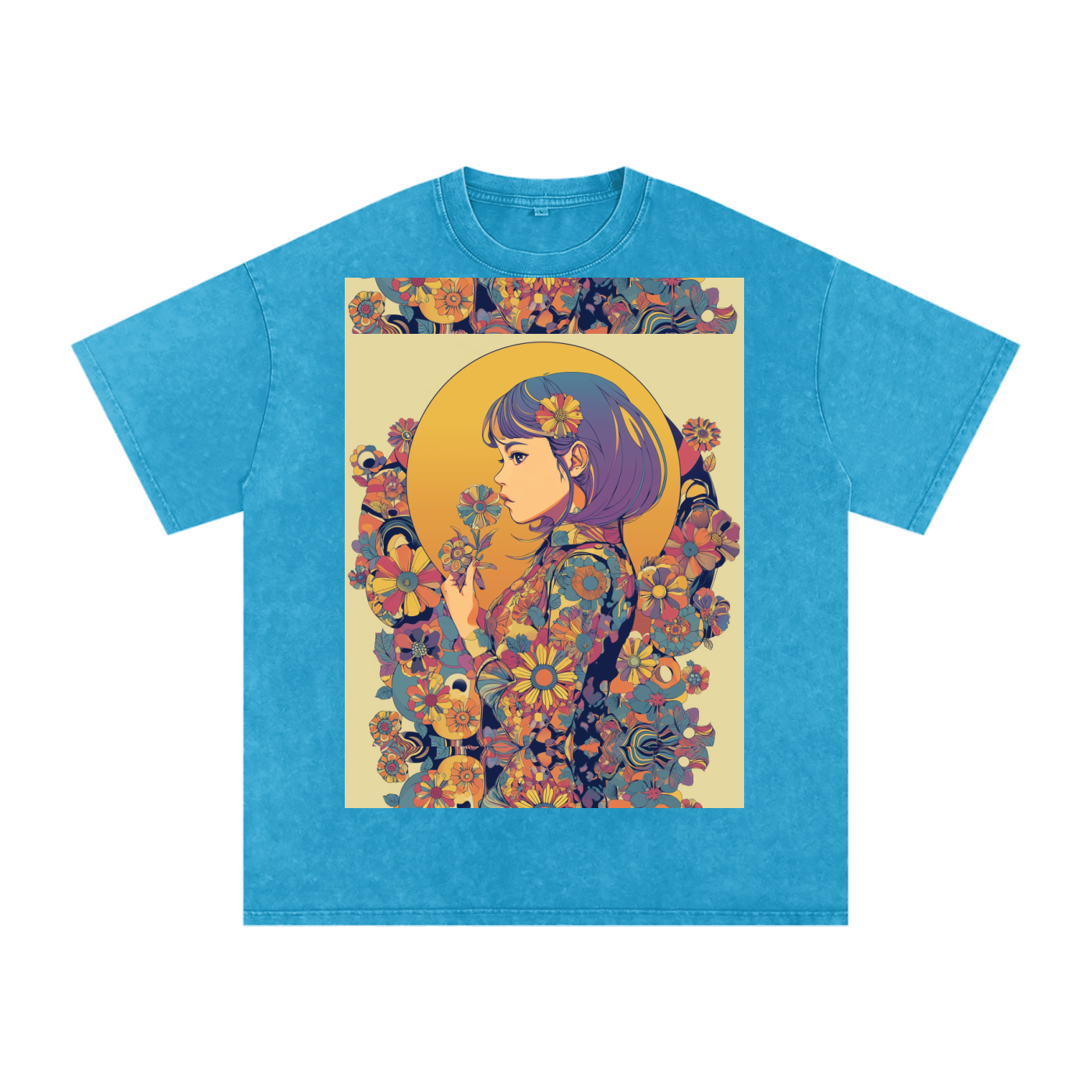 Retro Moon Boho Flapper Nouveau floral flower Maiden Snow Washed Oversized Cotton T-Shirt
