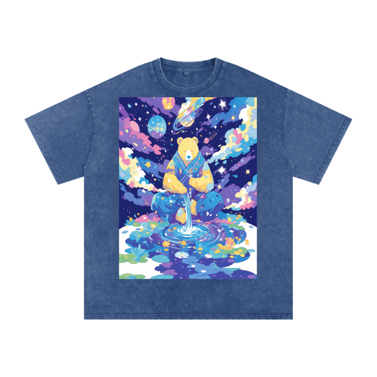 Bear Space GratefulGalactic Space Lotus Pond Drip Color Pond Unisex Tee Snow Washed Oversized Cotton T-Shirt