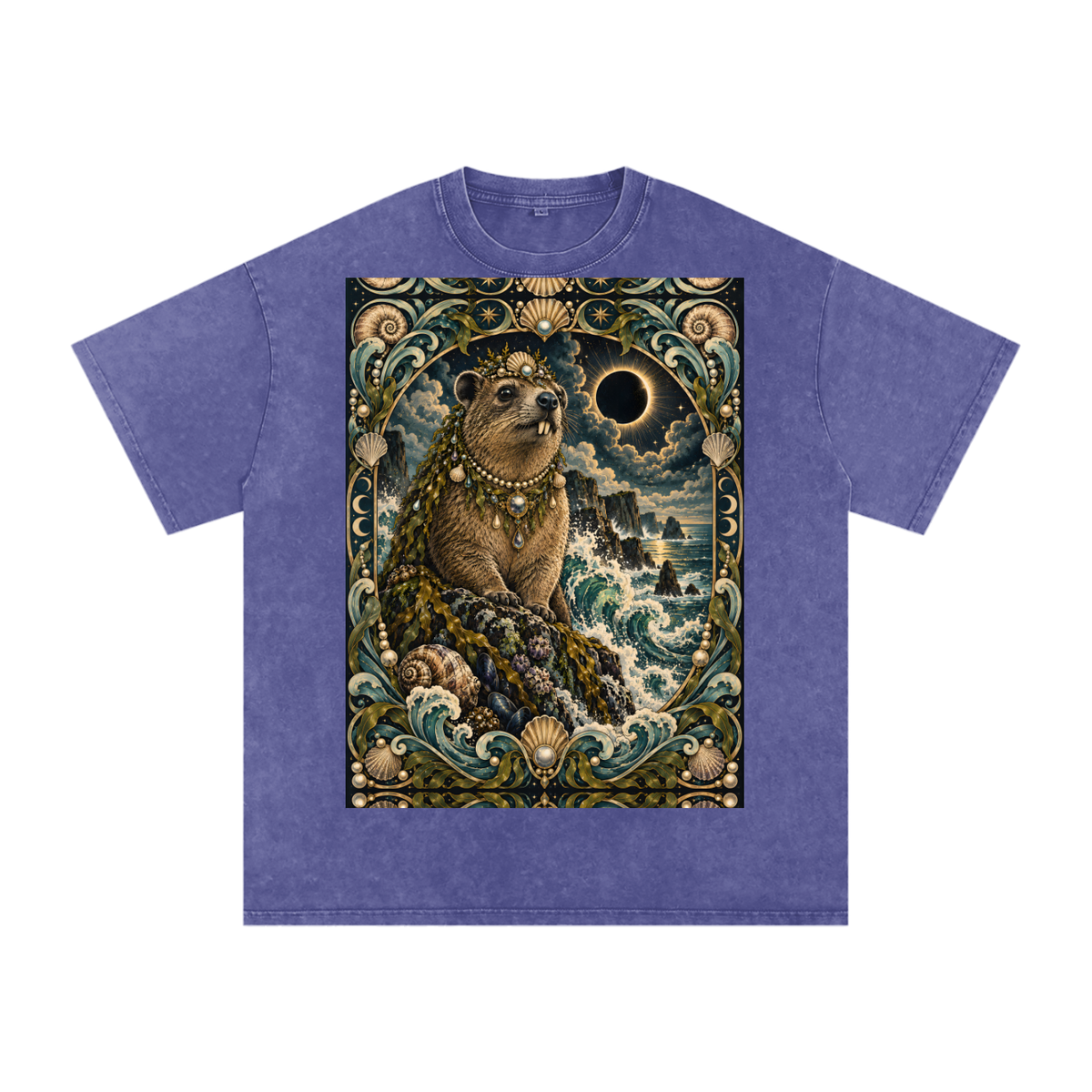 Sea Waves Hyrax Eclipse Moon Night Hyrax Royal Noble Steed Grunge Tooth Snow Washed Oversized Cotton T-Shirt