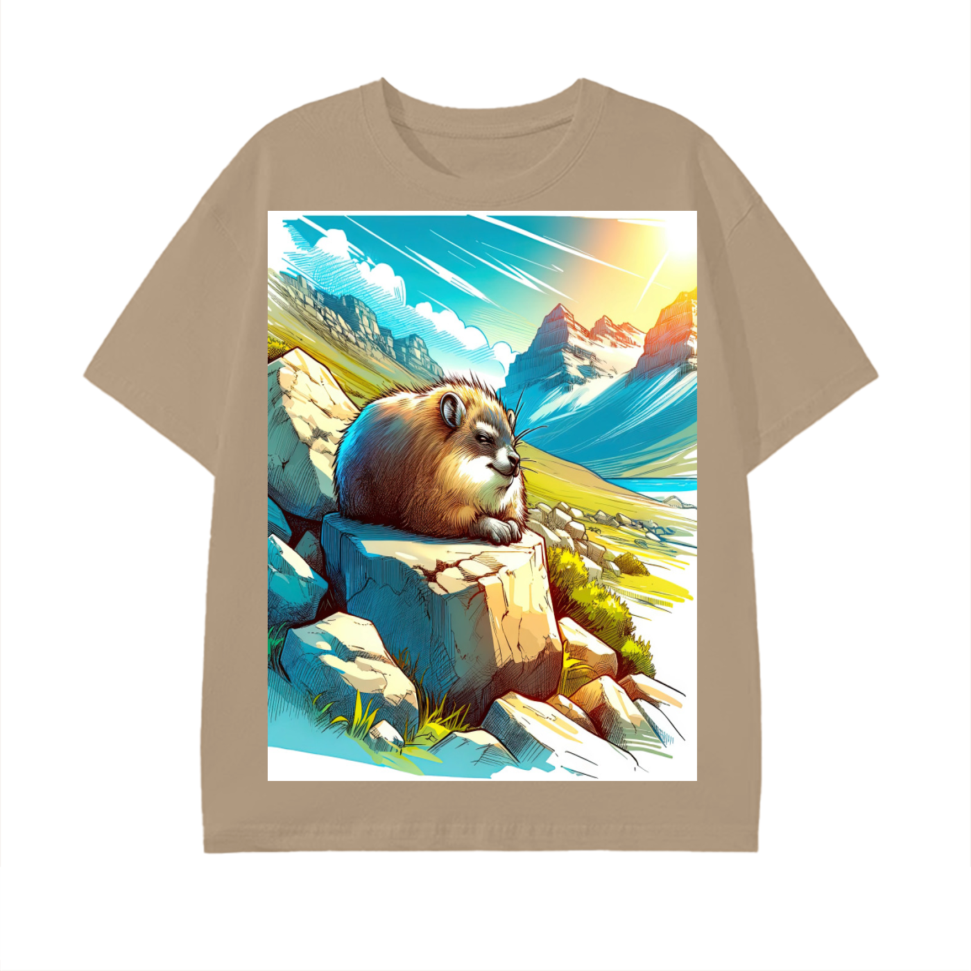 Anime Hyrax Blue skies basking on Rocks in field Pure Cotton Festival Rave Unisex T-Shirt