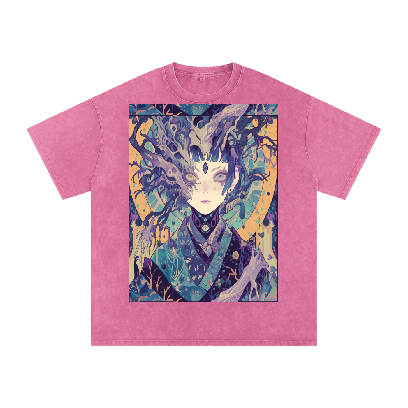 Ice Avant Kimono Anime Phantom Goddess Anime Blue Purple Pastel Grunge Rave Festival Snow Washed Oversized Cotton T-Shirt