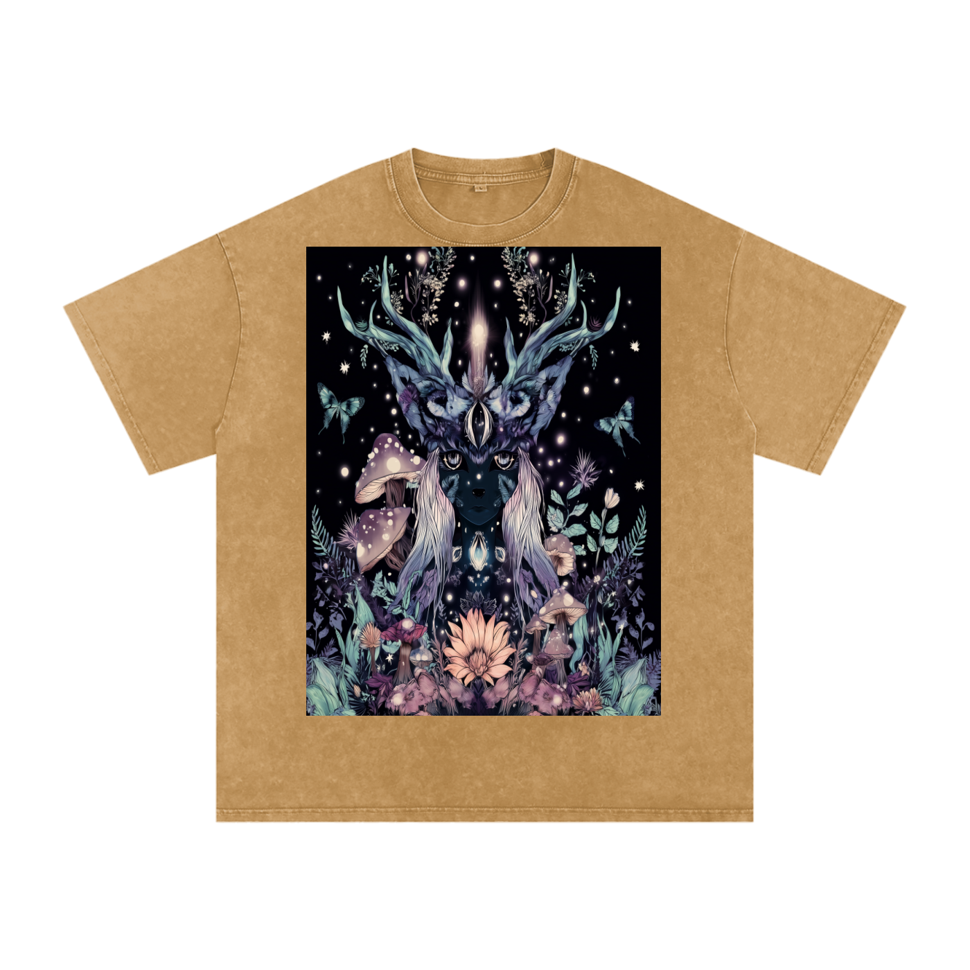 Winter Solstice Dark Mushroom Night Fawn Dark Fairy  Festival Snow Washed Oversized Cotton T-Shirt