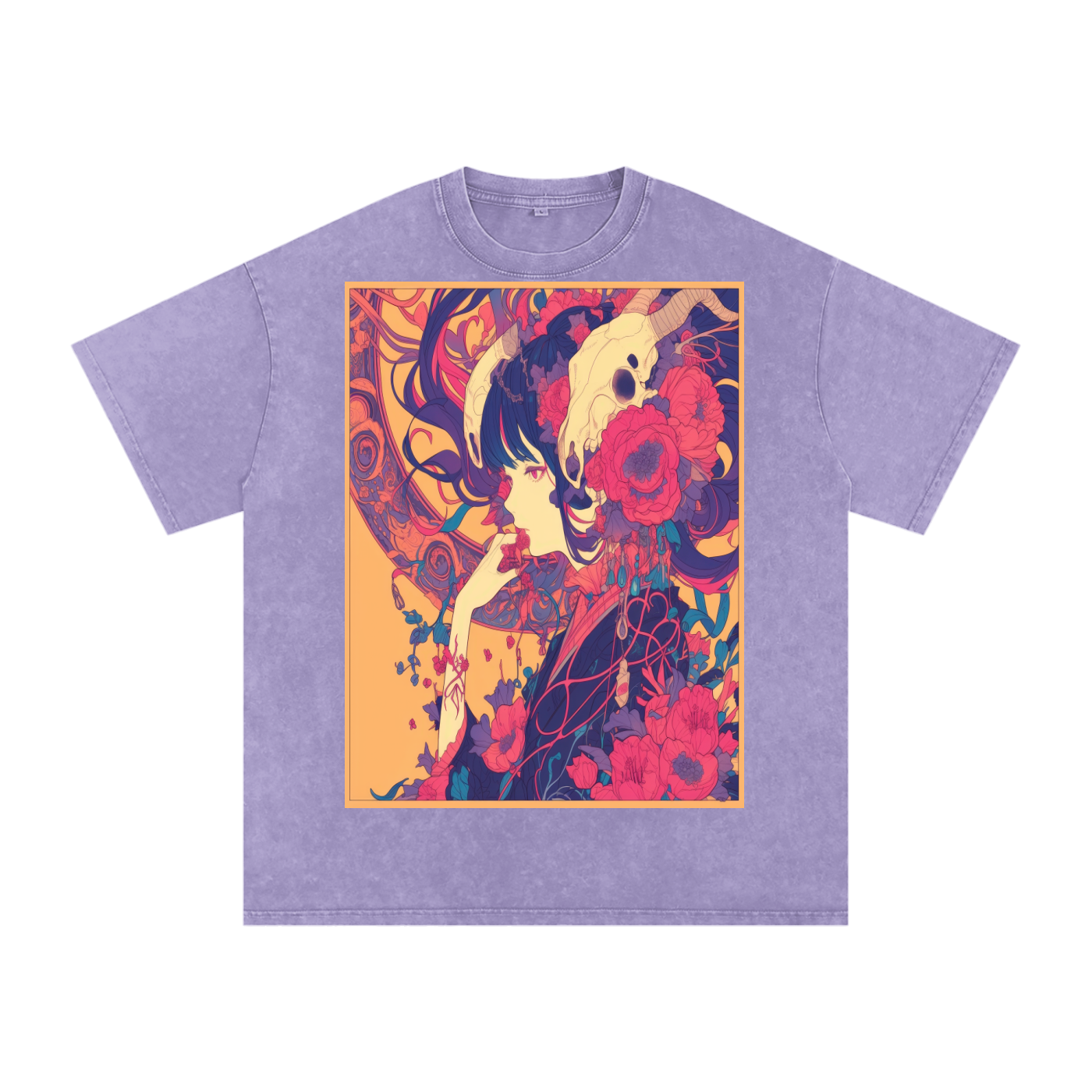 Autumn Avant Yellow Girl Floral Nouveau Skull Unisex Tee-Snow Washed Oversized Cotton T-Shirt