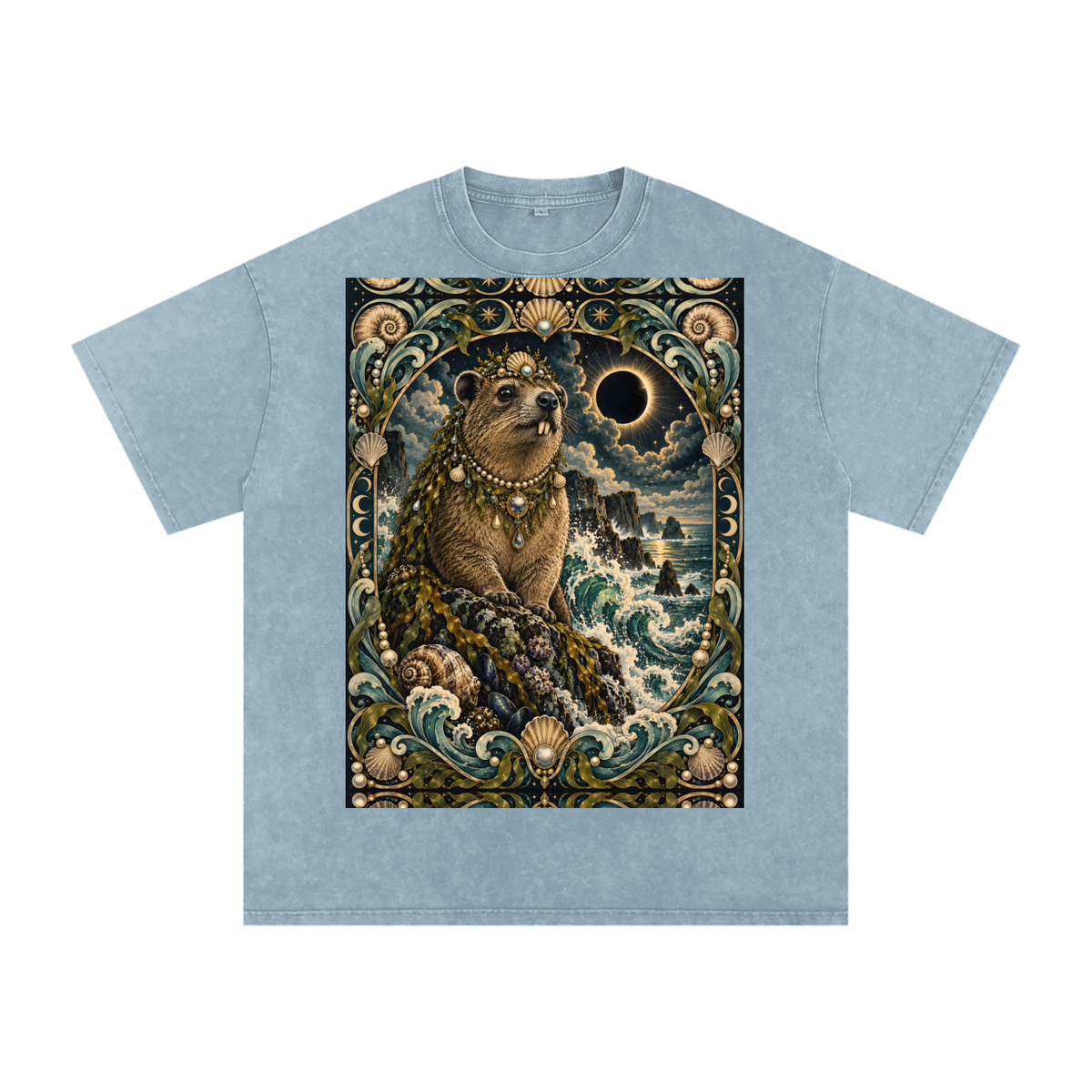 Sea Waves Hyrax Eclipse Moon Night Hyrax Royal Noble Steed Grunge Tooth Snow Washed Oversized Cotton T-Shirt