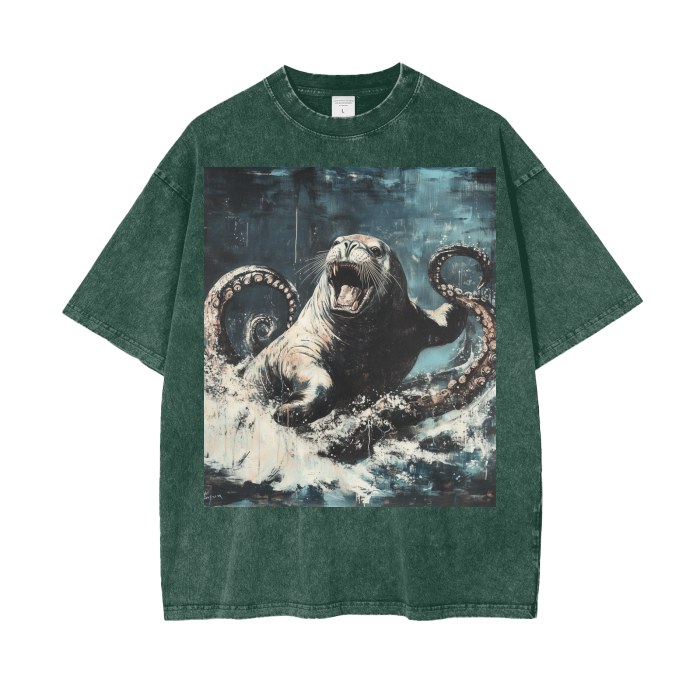 Rustic Kraken Vs Sea Lion Ocean Waves Acid Wash Oversize T-Shirt - 250 GSM