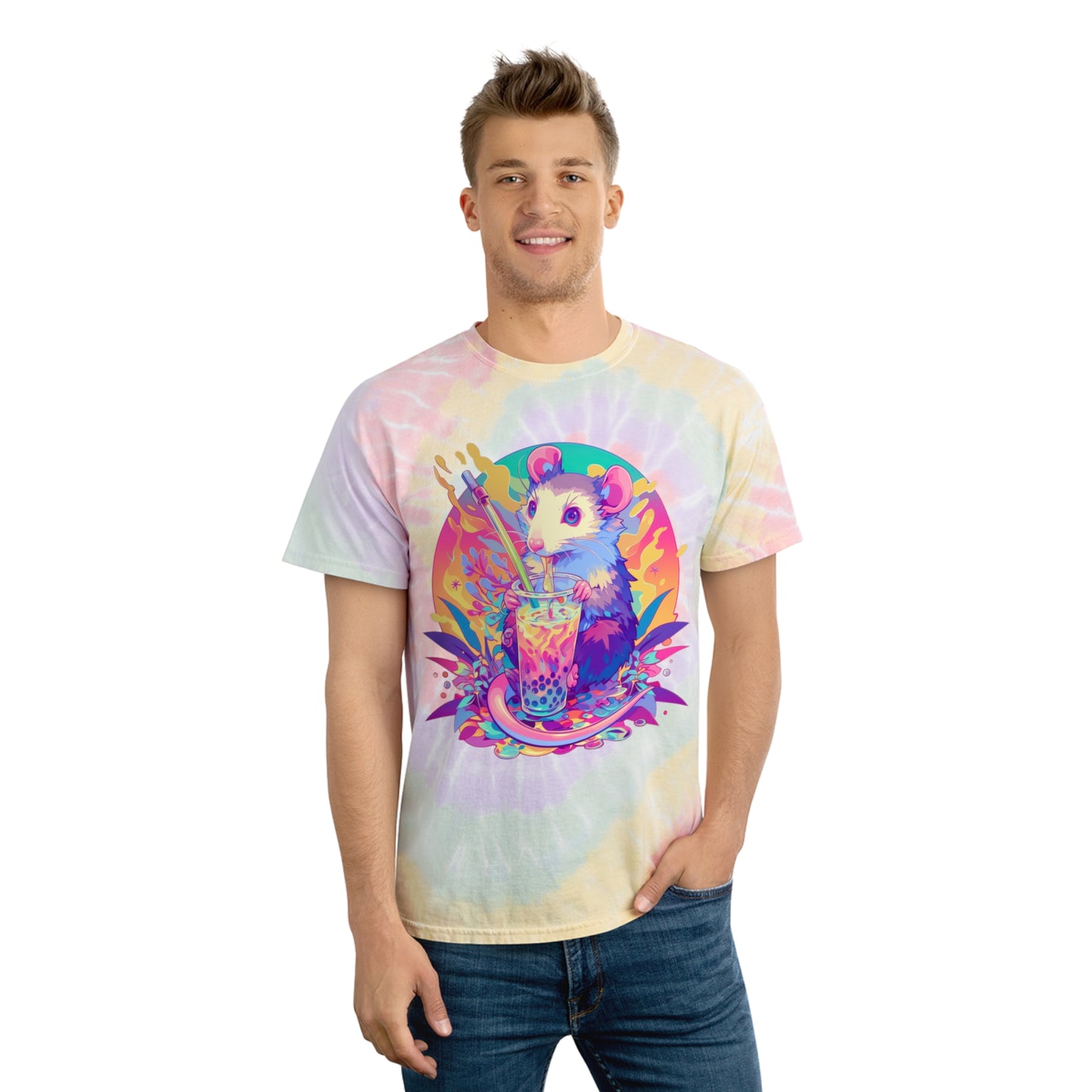 Pastel Opossum Psychedelic Swirl Boba Drip Tee Tie-Dye Tee, Spiral