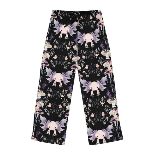 Axolotl Pastel Purple Shroom Black Spotted Leaves Fall Cottagecore Drip Women's Pajama Pants (AOP)