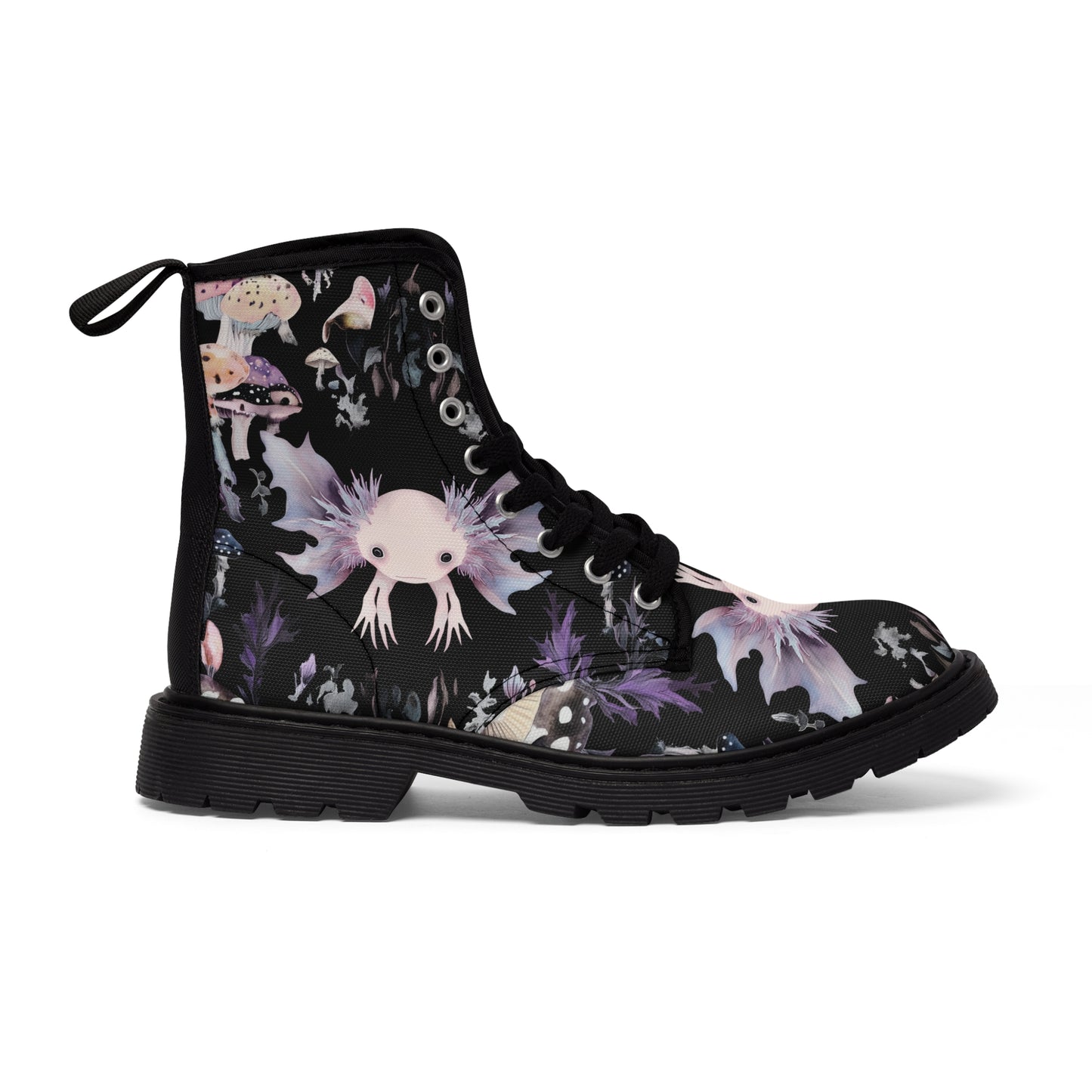 Axolotl Pastel Lilac Purple Pink Goth Black Rose Thorn Reflection Symmetry Men's Canvas Boots