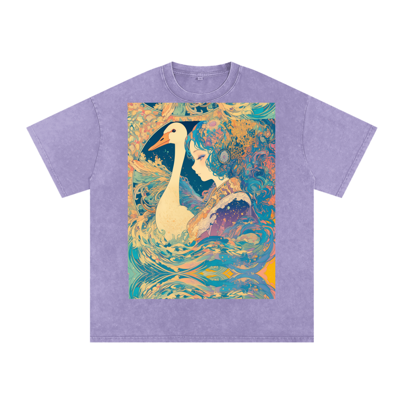 Goose Psychedelic Art Nouveau Moon Beach Wave Bordered Silhouette Anime Pagan Water Goddess Unisex T-Shirt--Snow Washed Oversized Cotton T-Shirt
