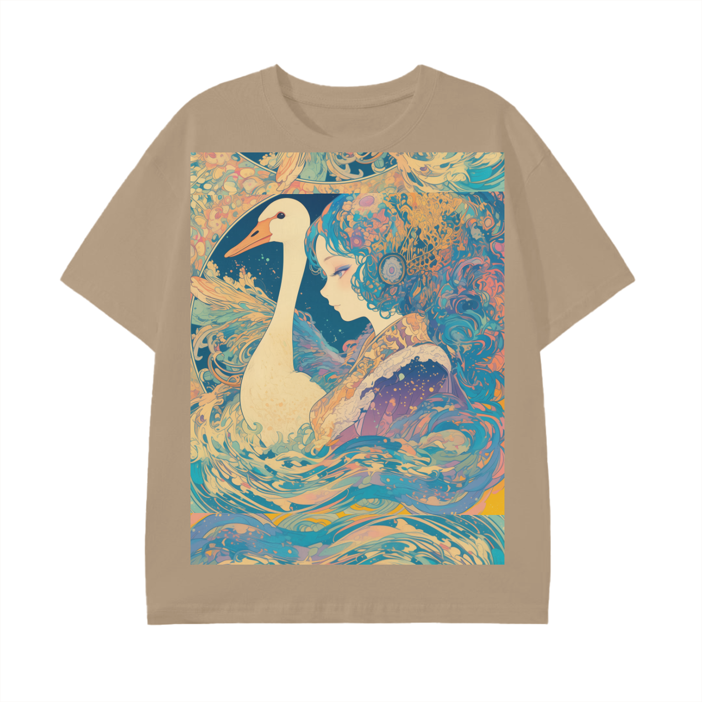 Goose Psychedelic Art Nouveau Moon Beach Wave Bordered Silhouette Anime Pagan Water Goddess Unisex Classic T-Shirt