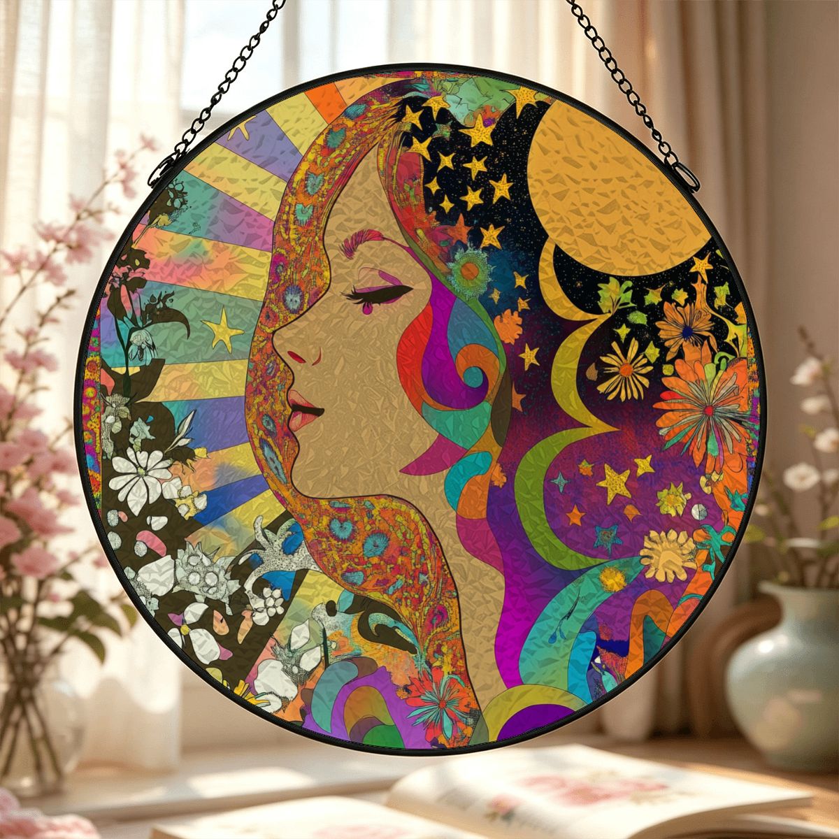 Stained Glass Suncatcher Art Neveau Psychedelic Celestial Sun Moon Beam Love Goddess Window Hanging