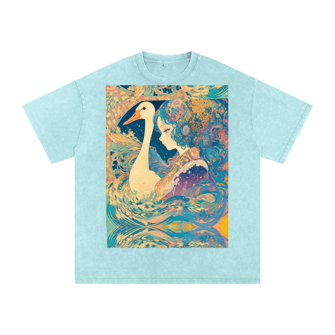 Goose Psychedelic Art Nouveau Moon Beach Wave Bordered Silhouette Anime Pagan Water Goddess Unisex T-Shirt--Snow Washed Oversized Cotton T-Shirt