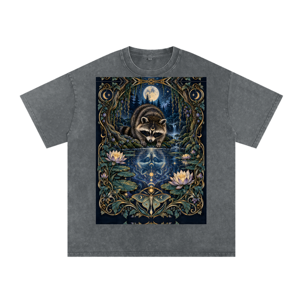Raccoon Night Woods Lotus Reflection Fall Snow Washed Oversized Cotton T-Shirt