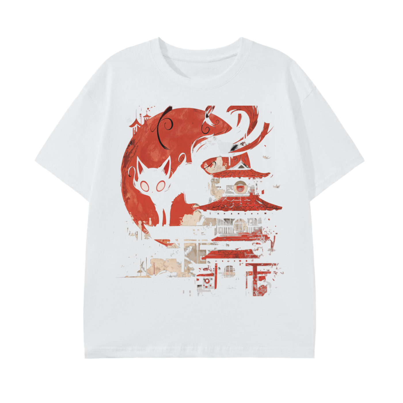 Shadow Cat Blood Moon Japan Anime Edo Shinto Yokai Shrine Washout Graphic Unisex Classic T-Shirt