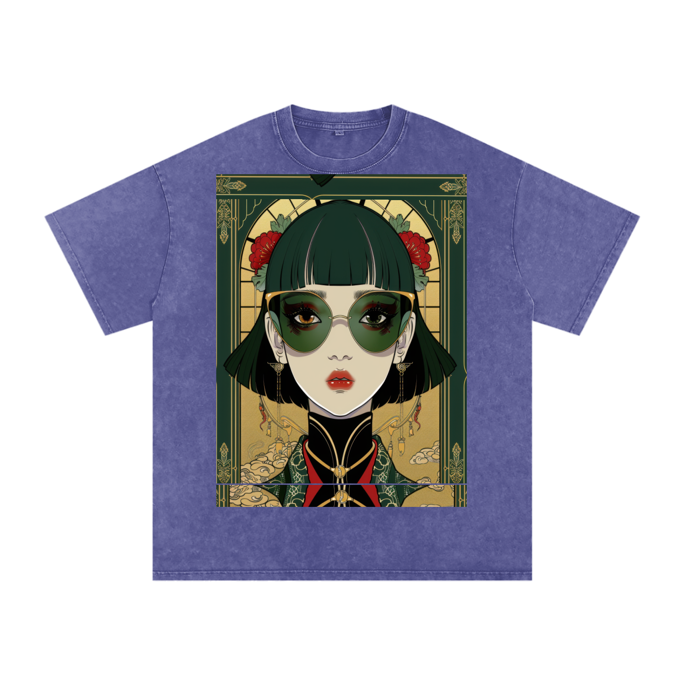 Green Steam Punk Avant Anime lady Unisex Tee Snow Washed Oversized Cotton T-Shirt