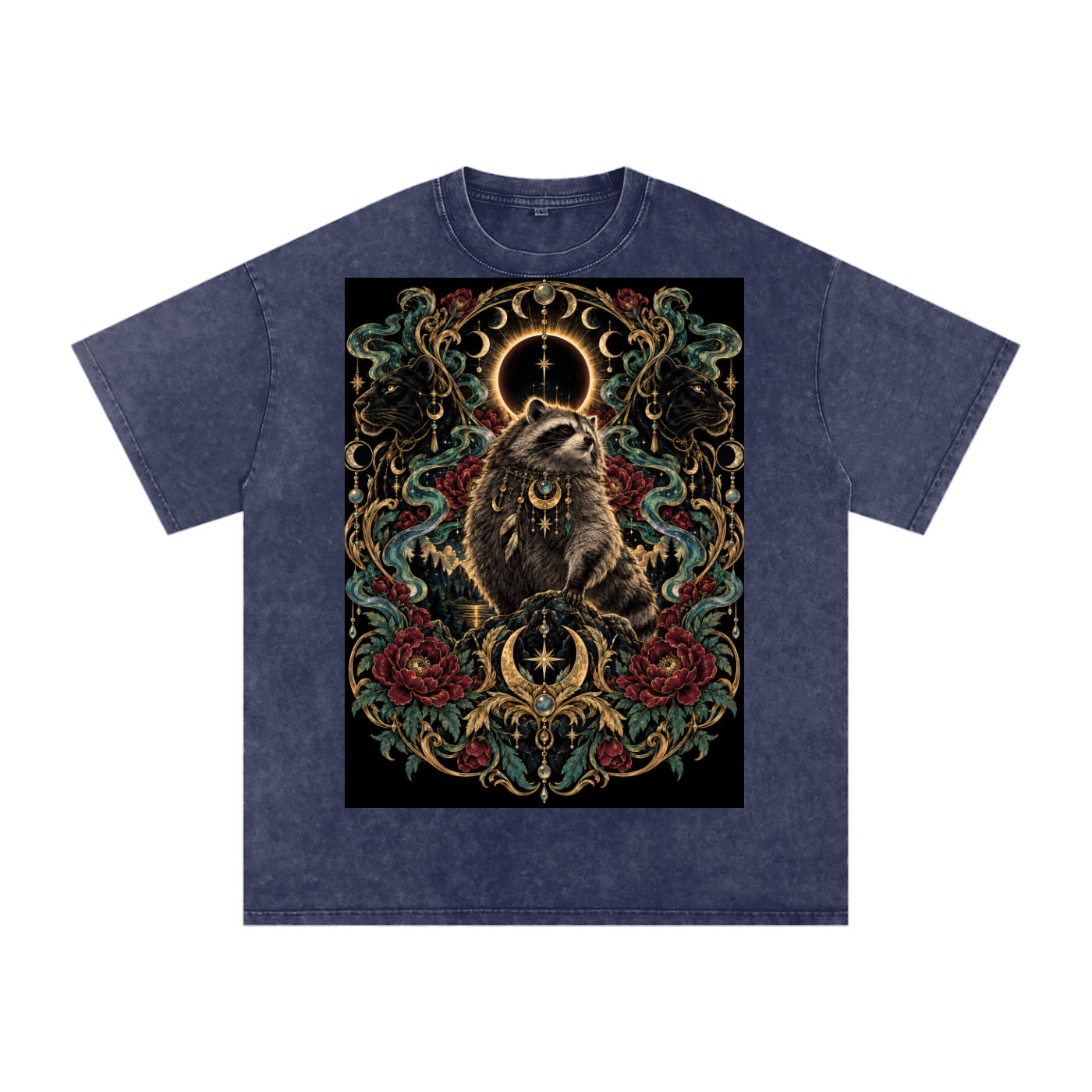 Racoon Crescent Panther Moonlight Grunge Washed Oversized Cotton T-Shirt