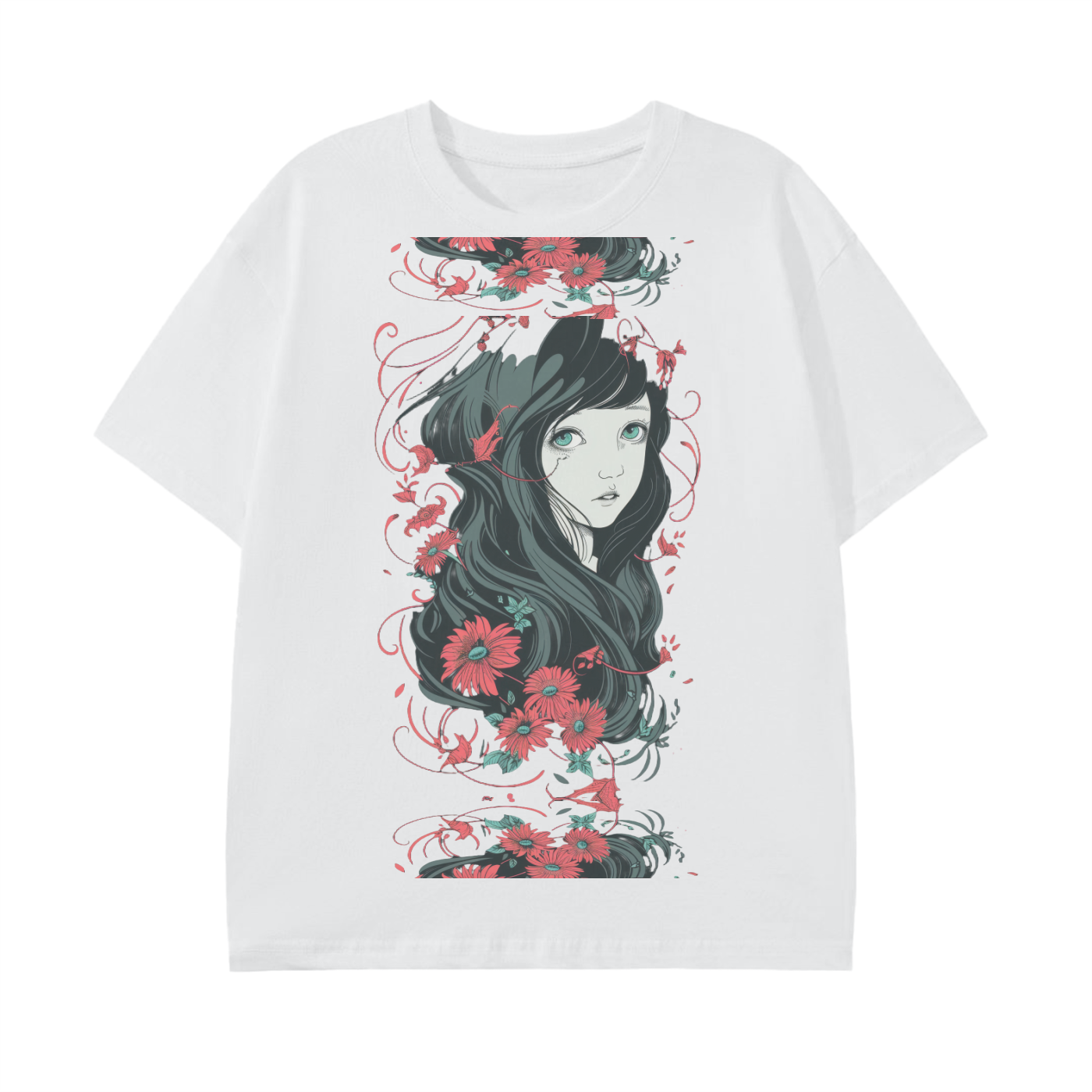 Black Charcoal Grey Floral Girl Profile Anime Unisex Reflective Mirror Profile Graphic Unisex Classic T-Shirt