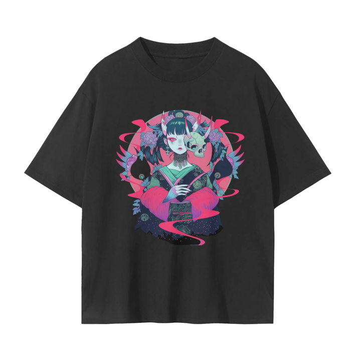 Asian Anime Skull Kimono Samurai Warrior Yokai Vision Appears Regular Fit Drop Shoulder Seamless T-Shirt - 230 GSM