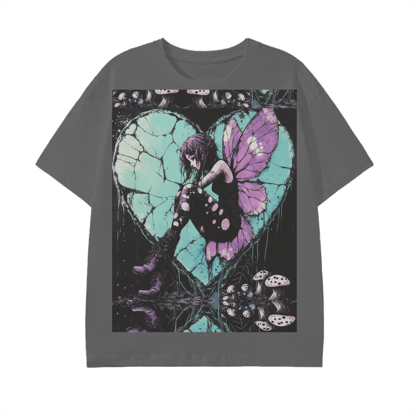 Mushroom Dark Cracked Teal Heart Industrial Grunge Goth Mushroom Woodland Fairy  Reflective Unisex Classic T-Shirt