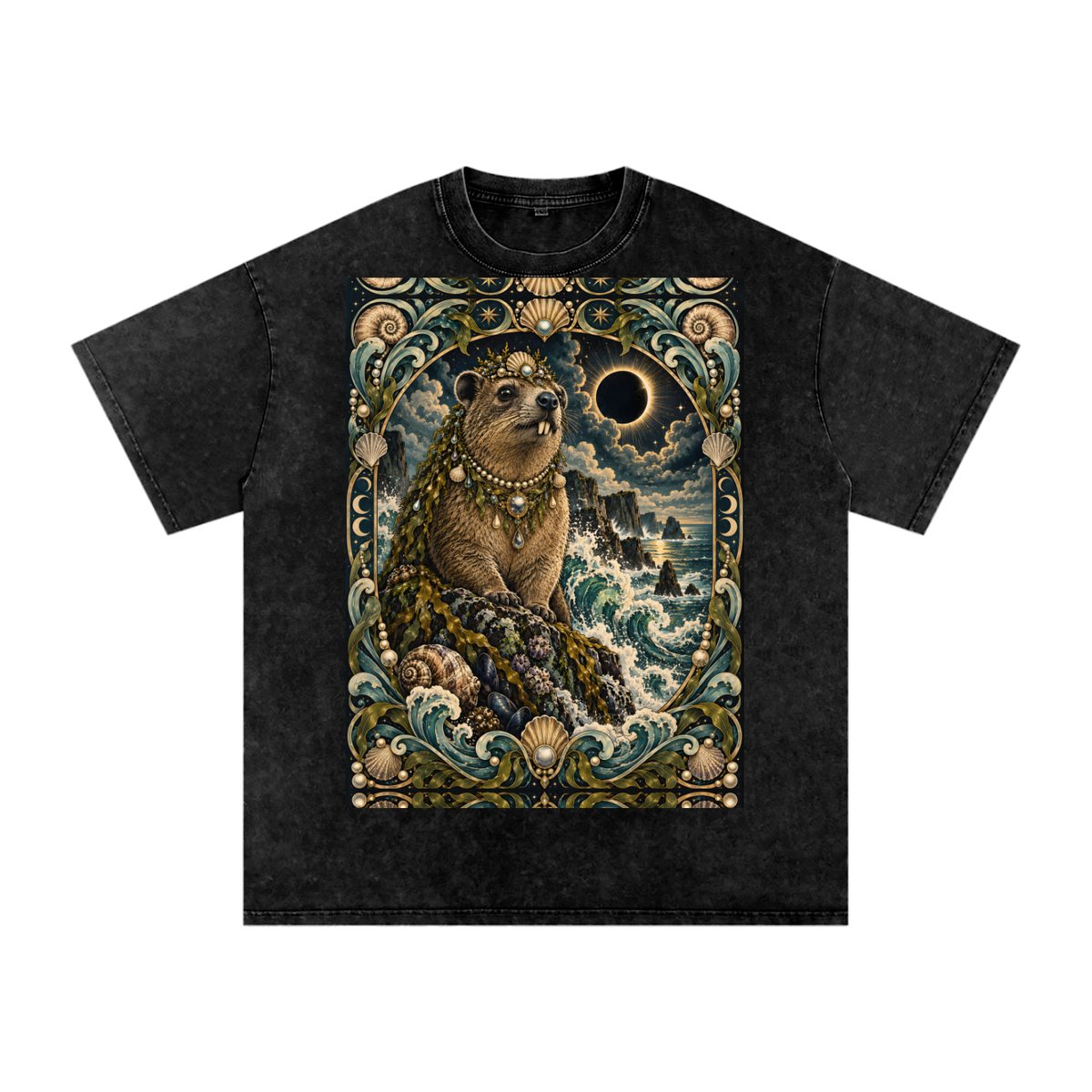 Sea Waves Hyrax Eclipse Moon Night Hyrax Royal Noble Steed Grunge Tooth Snow Washed Oversized Cotton T-Shirt