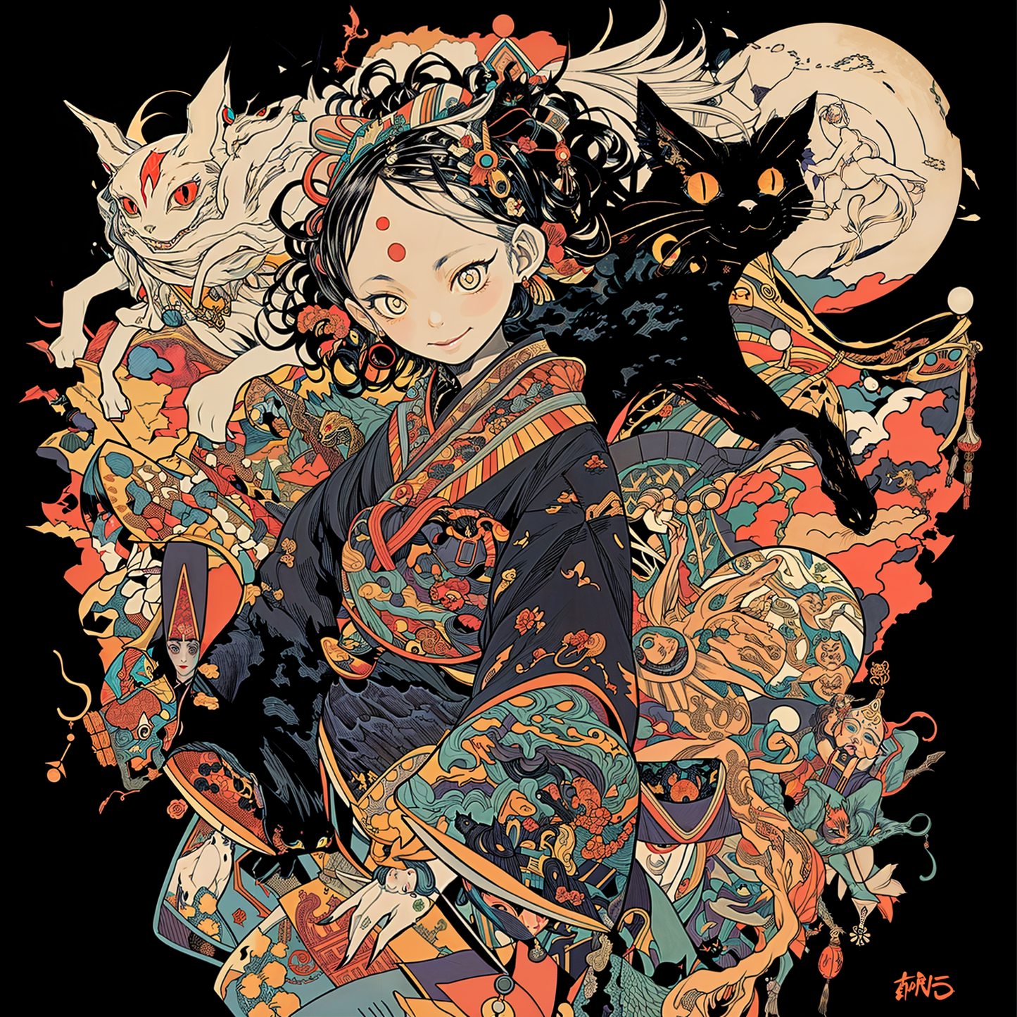 Sepia Scroll Cat Fox anime Yokai Girl Unisex Tee
