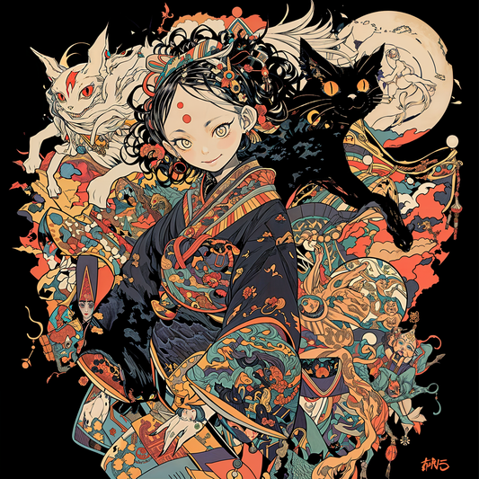 Sepia Scroll Cat Fox anime Yokai Girl Unisex Tee