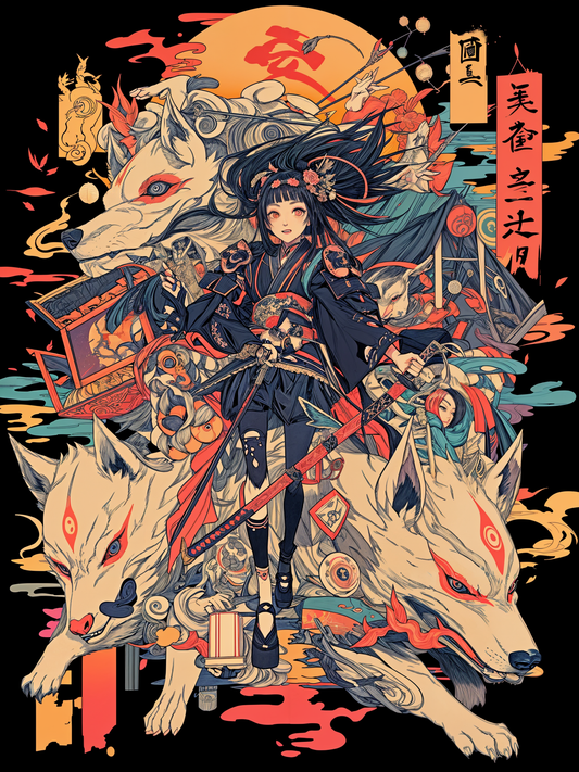 Sepia Fox Yokai Samurai Scroll Girl Unisex Tee