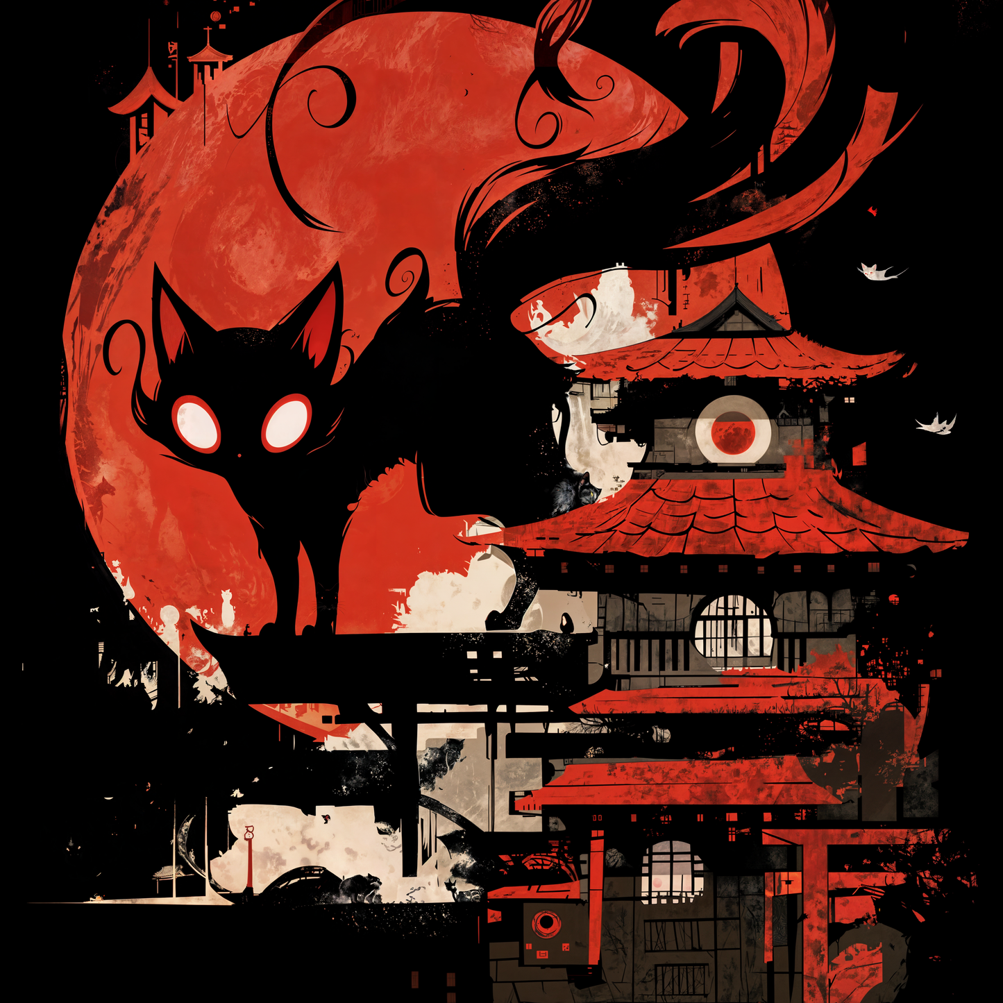 Shadow Cat Japan Building Red Moon Unisex Tee