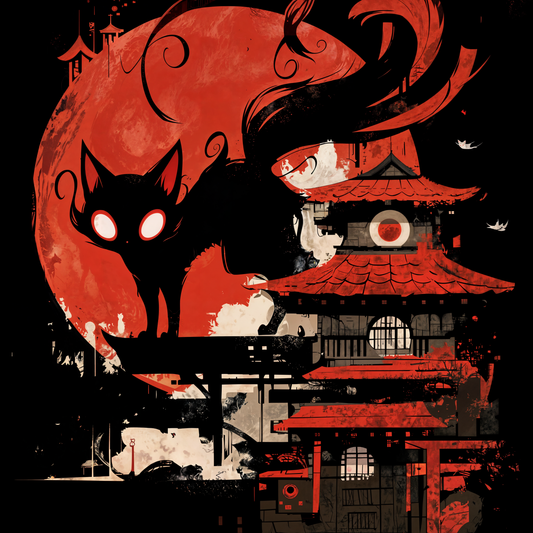 Shadow Cat Japan Building Red Moon Unisex Tee
