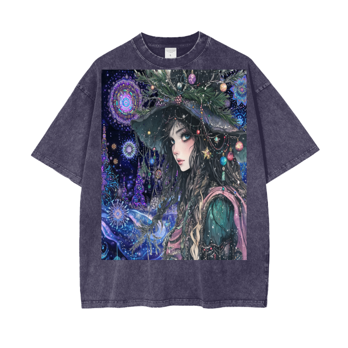 Winter Holiday Christmas Foliage Tree Goddess in the woods of Fractal psychedelic Neon Sky Acid Wash Oversize T-Shirt - 250 GSM