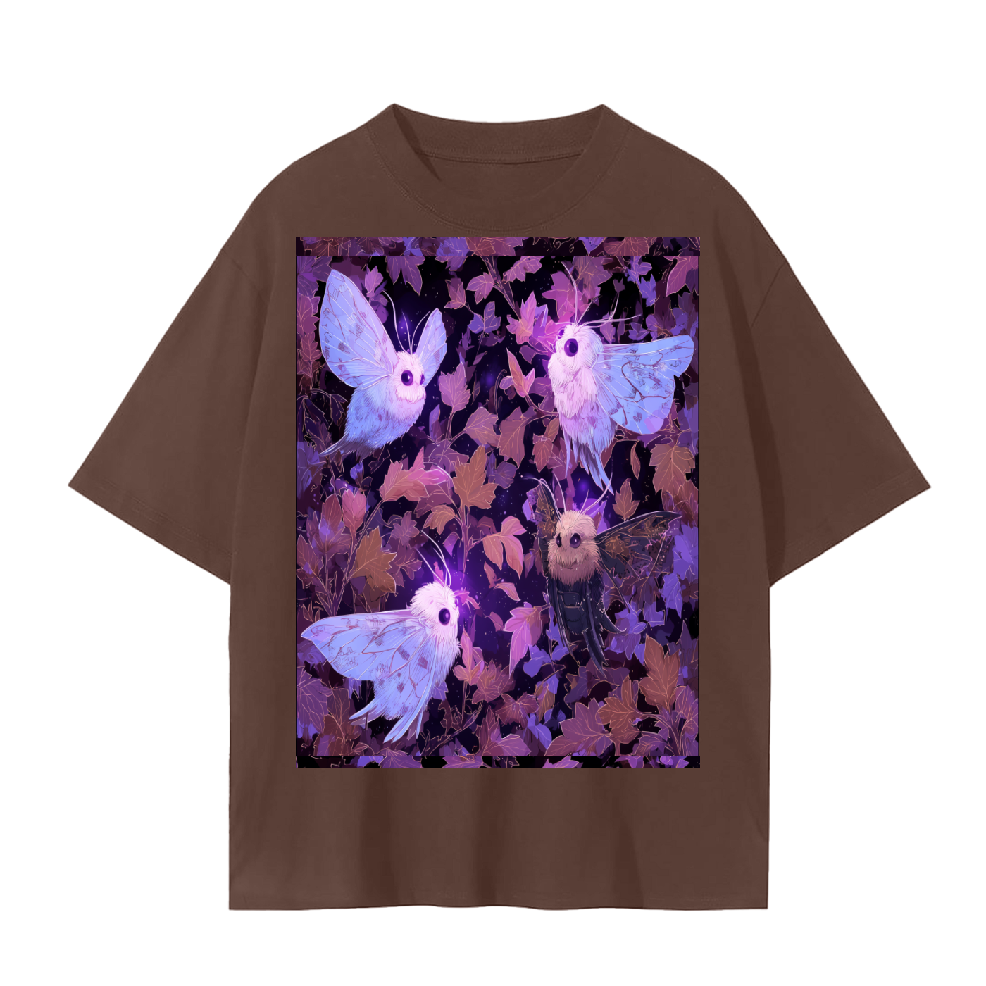 Fall White Fluffy Big Eye Moth Parade Moonlight Leaves Anime Night Unisex Seamless T-Shirt