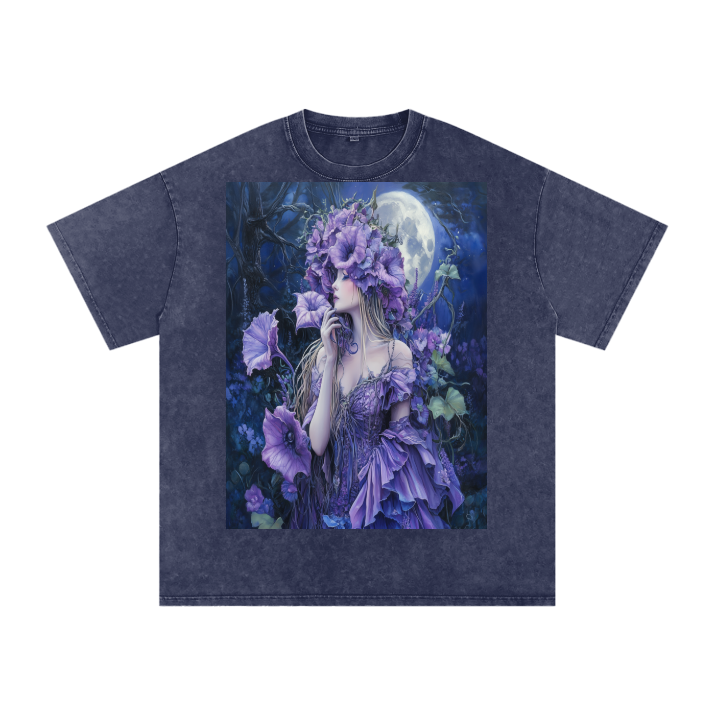 Lavender Datura Moon lit Trumpet Flower Fairy Snow Washed Oversized Cotton T-Shirt